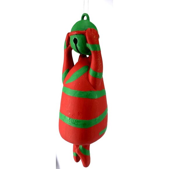 Dept 56 Red Green Stripe Cat Hanging onto Bell Christmas Ornament 6" Vintage - Picture 3 of 3